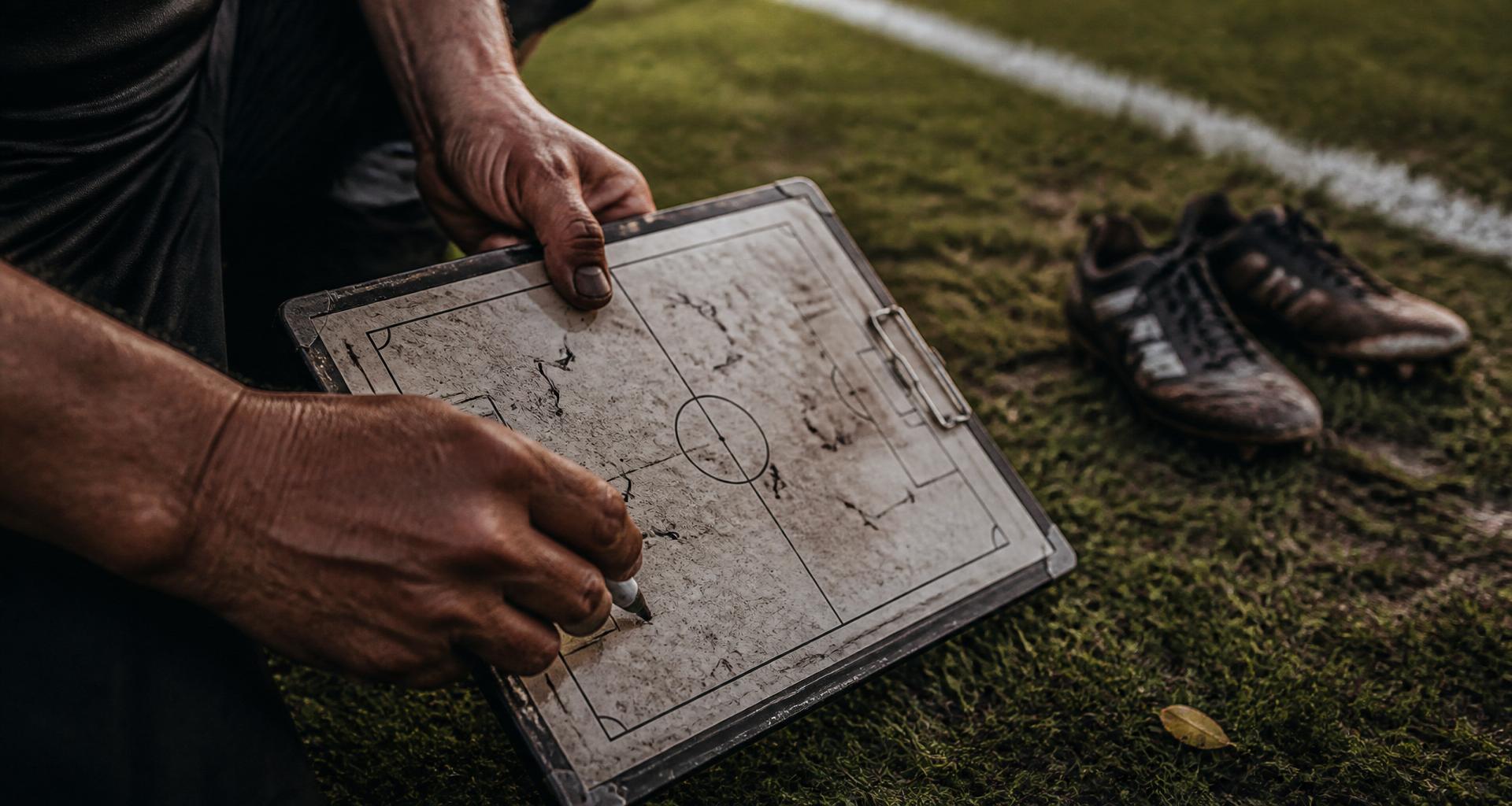 Treinador de futebol de base anotando uma jogada em uma prancheta tática na beira do campo, com chuteiras com barro ao lado.